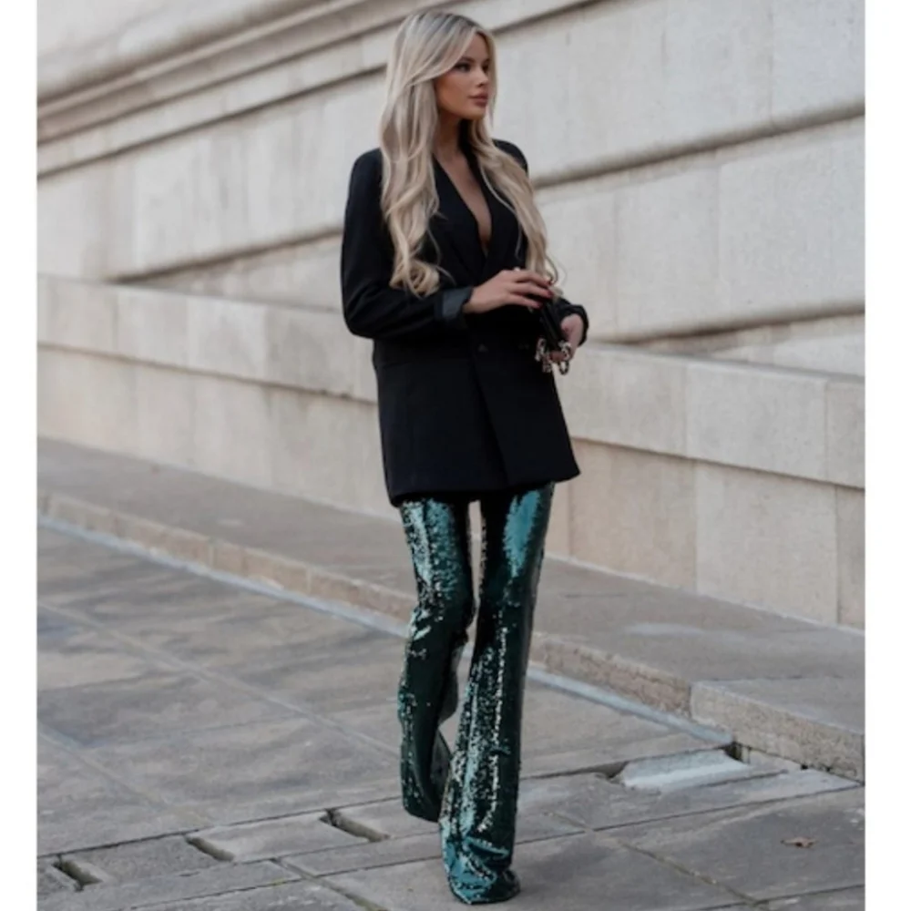 ZARA FLARED HIGH WAISTED GREEN SEQUIN PANTS SIZE M